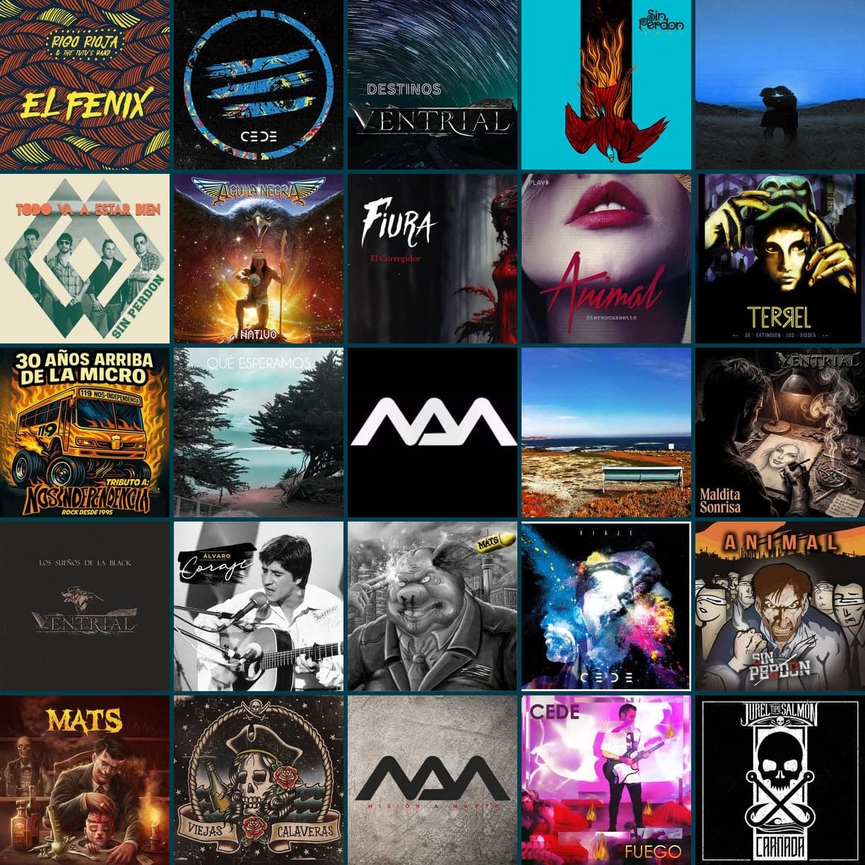 Portadas de discos grabados y producidos en El Fondo: Rigo Rioja, Cede, Ventrial, Sin Perdón, Ral, Aguila Negra, Fiura, Stereocassette, Terrel, Pancho Folk, Rackos, Misión a Marte, Bicho, Álvaro, M.A.T.S, Mats, Piratería, Jurel Tipo Salmon.